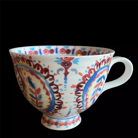 ANTHROPOLOGIE Paisley Floral Mug Pedestal Mug Red Blue Boho Style. - Picture 2 of 6